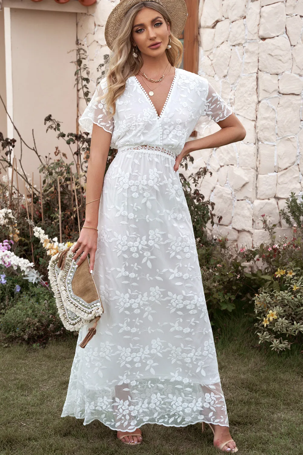 Hollow Out Floral Lace Solid Color V-neck Maxi Dress