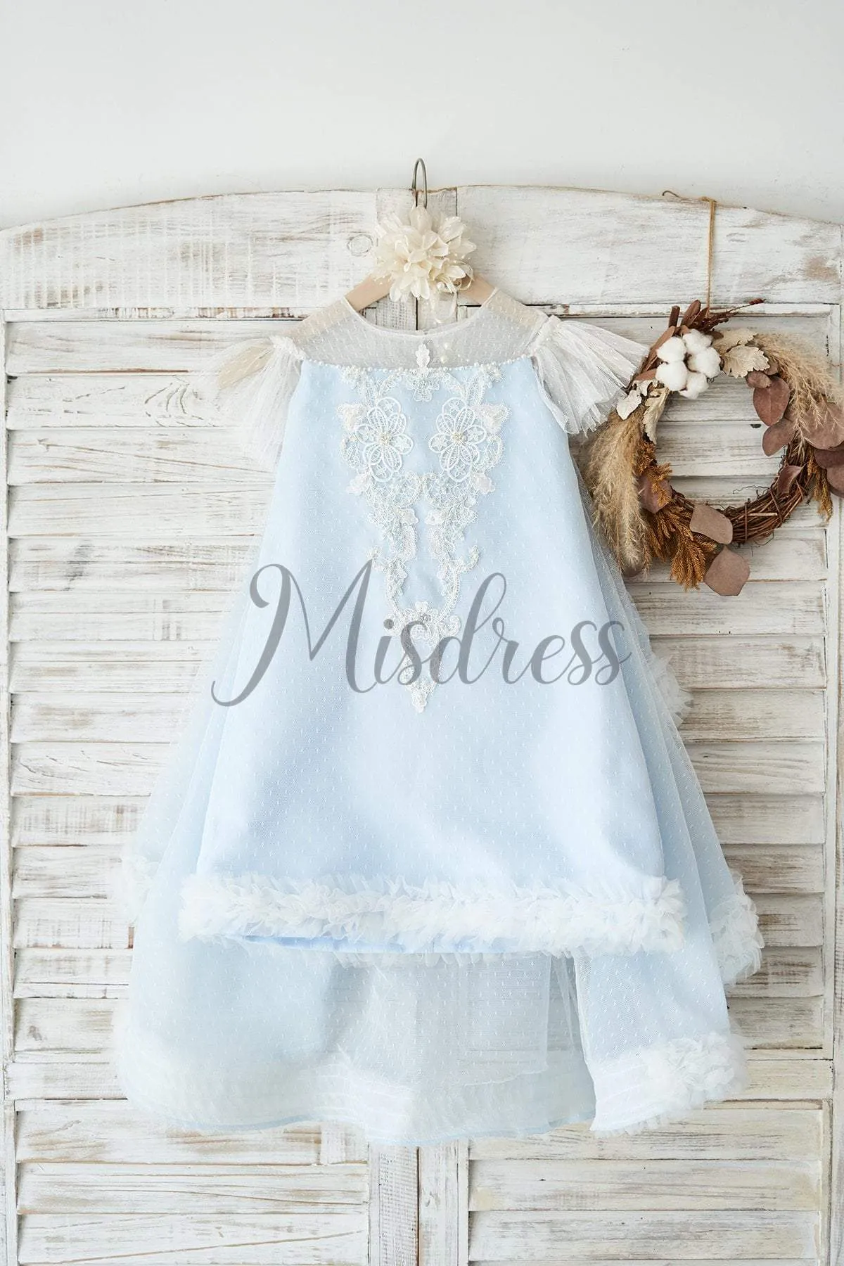 Ivory Polka Dot Lace Blue Tulle Cap Sleeves Wedding Flower Girl Dress