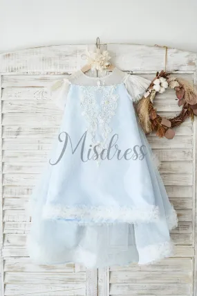 Ivory Polka Dot Lace Blue Tulle Cap Sleeves Wedding Flower Girl Dress
