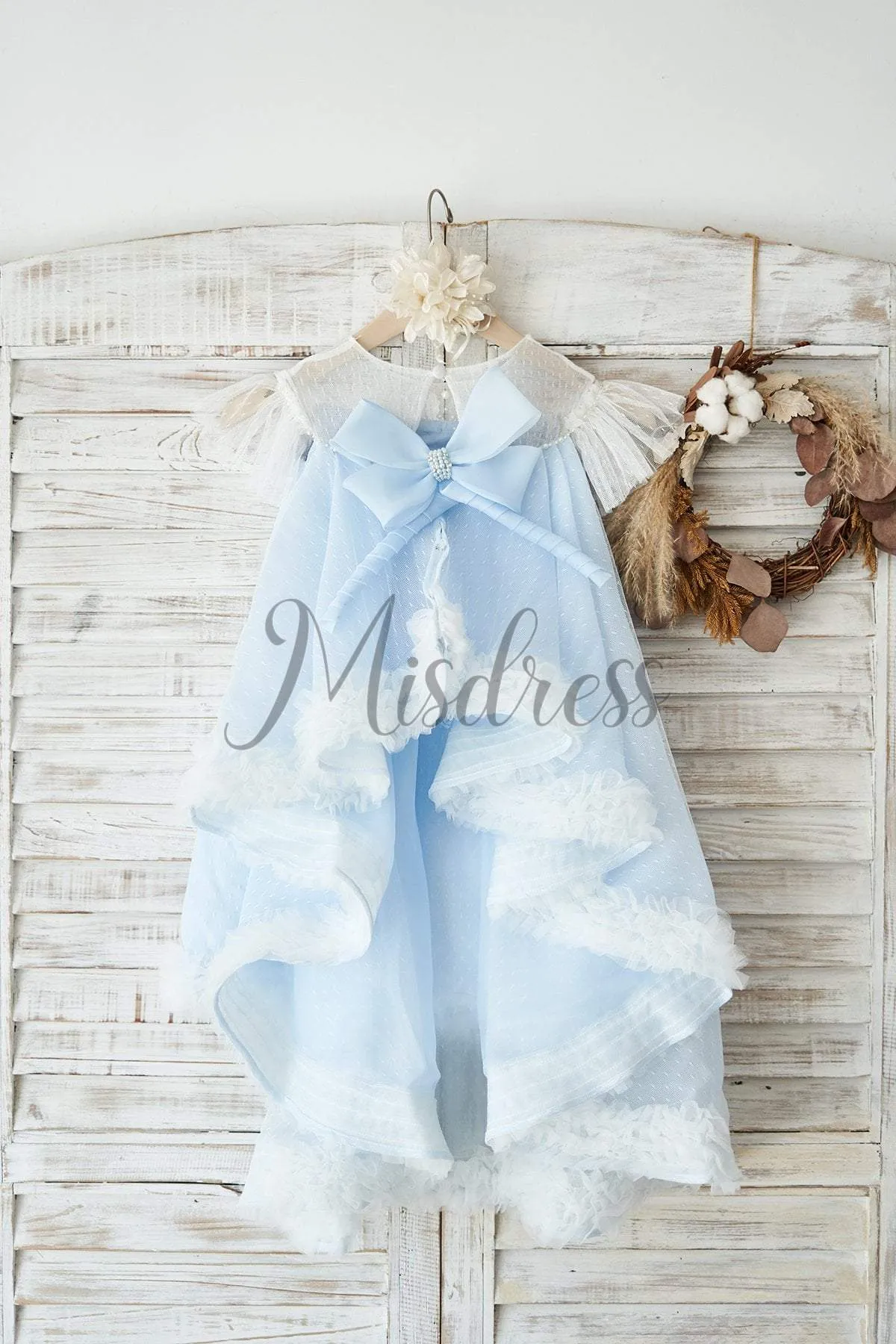 Ivory Polka Dot Lace Blue Tulle Cap Sleeves Wedding Flower Girl Dress