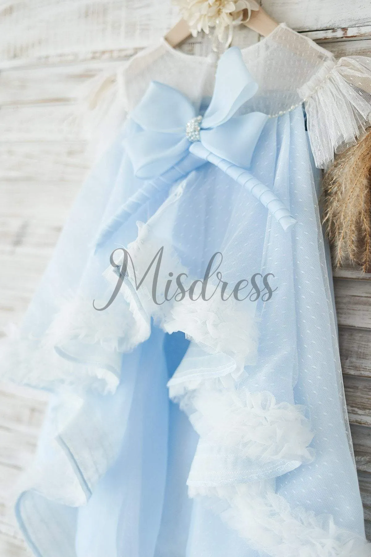 Ivory Polka Dot Lace Blue Tulle Cap Sleeves Wedding Flower Girl Dress