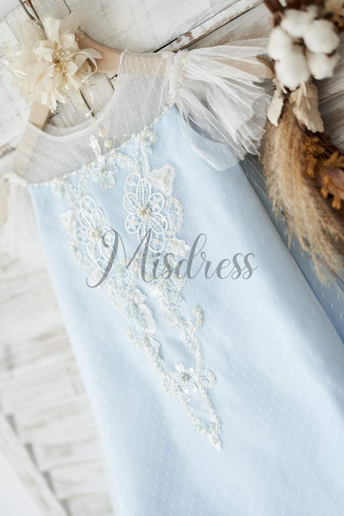 Ivory Polka Dot Lace Blue Tulle Cap Sleeves Wedding Flower Girl Dress