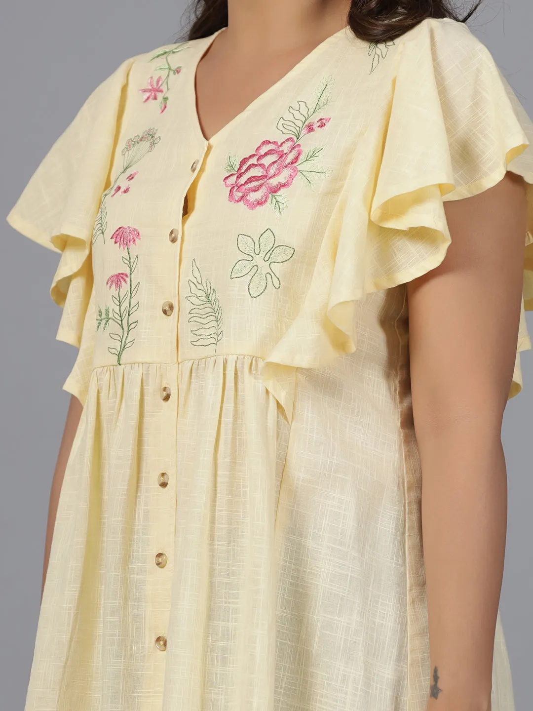 Jashvi Yellow Cotton Slub Solid with Embroidered Tunic
