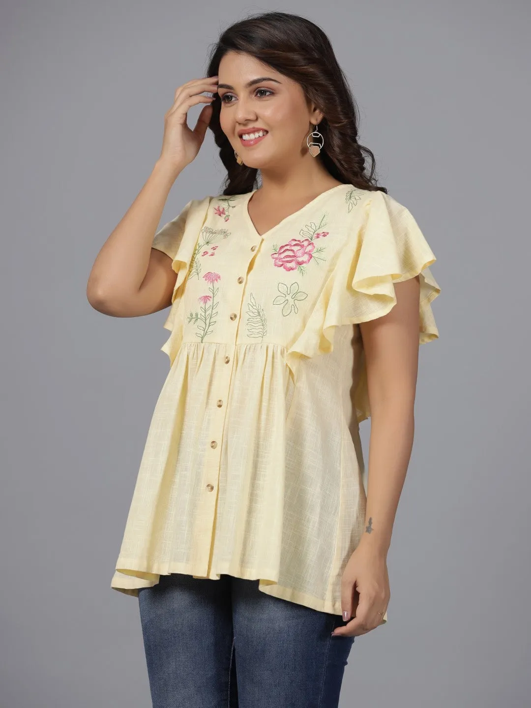 Jashvi Yellow Cotton Slub Solid with Embroidered Tunic
