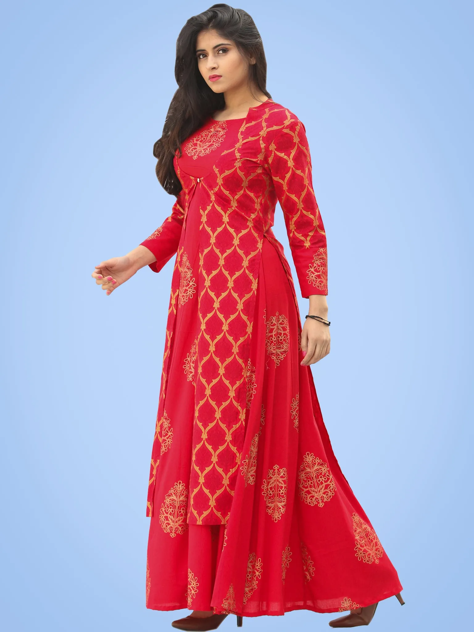 Jina - Red Gold Block Printed Long Cape Dress - D400FYYYY