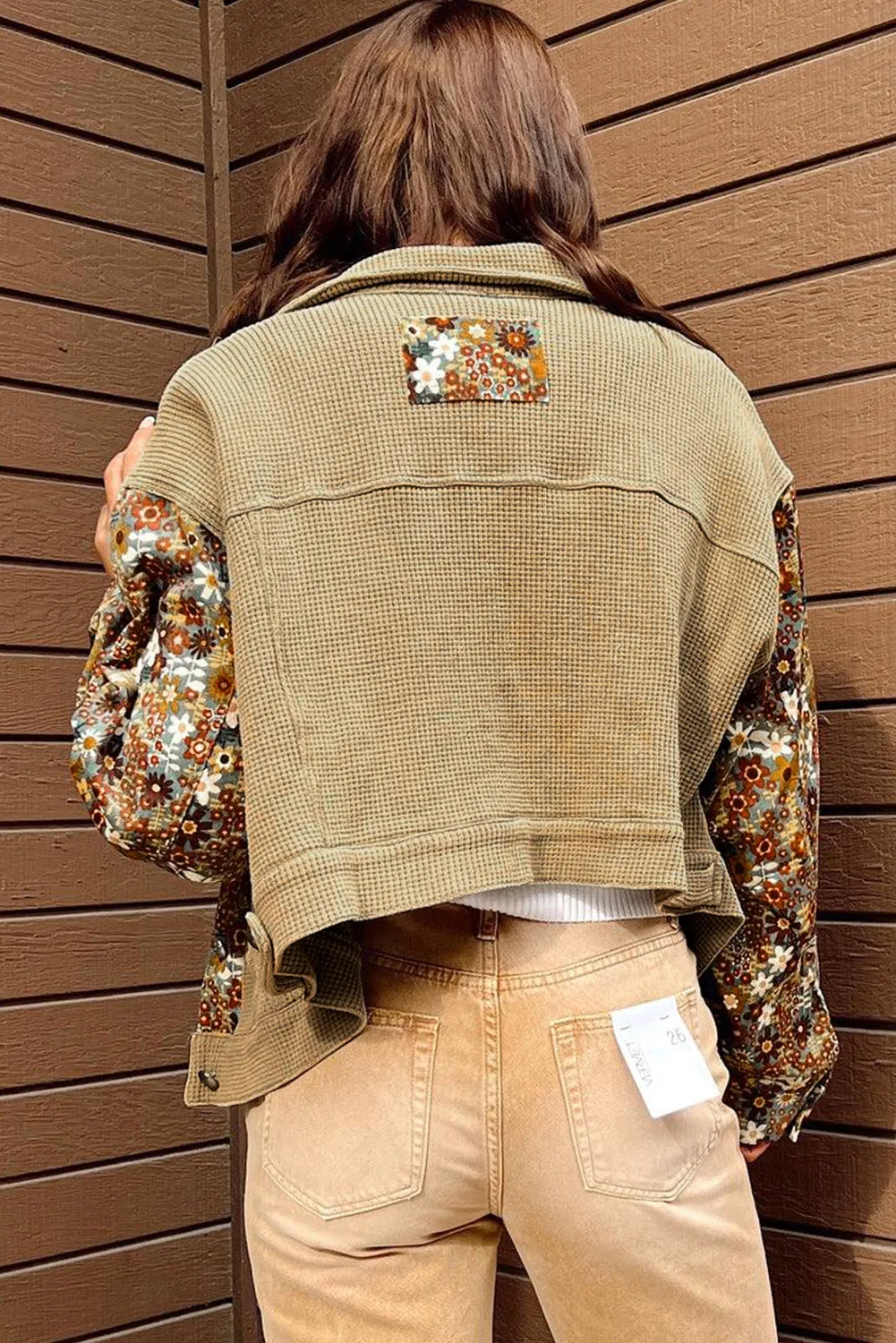 Khaki Waffle Knit Floral Print Patchwork Button Up Jacket 🖤 | Gothic Outlaws - Bold Comfort, No Apologies 💀