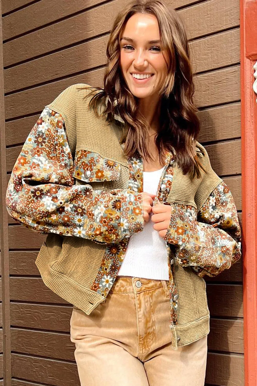 Khaki Waffle Knit Floral Print Patchwork Button Up Jacket 🖤 | Gothic Outlaws - Bold Comfort, No Apologies 💀