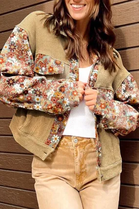 Khaki Waffle Knit Floral Print Patchwork Button Up Jacket 🖤 | Gothic Outlaws - Bold Comfort, No Apologies 💀