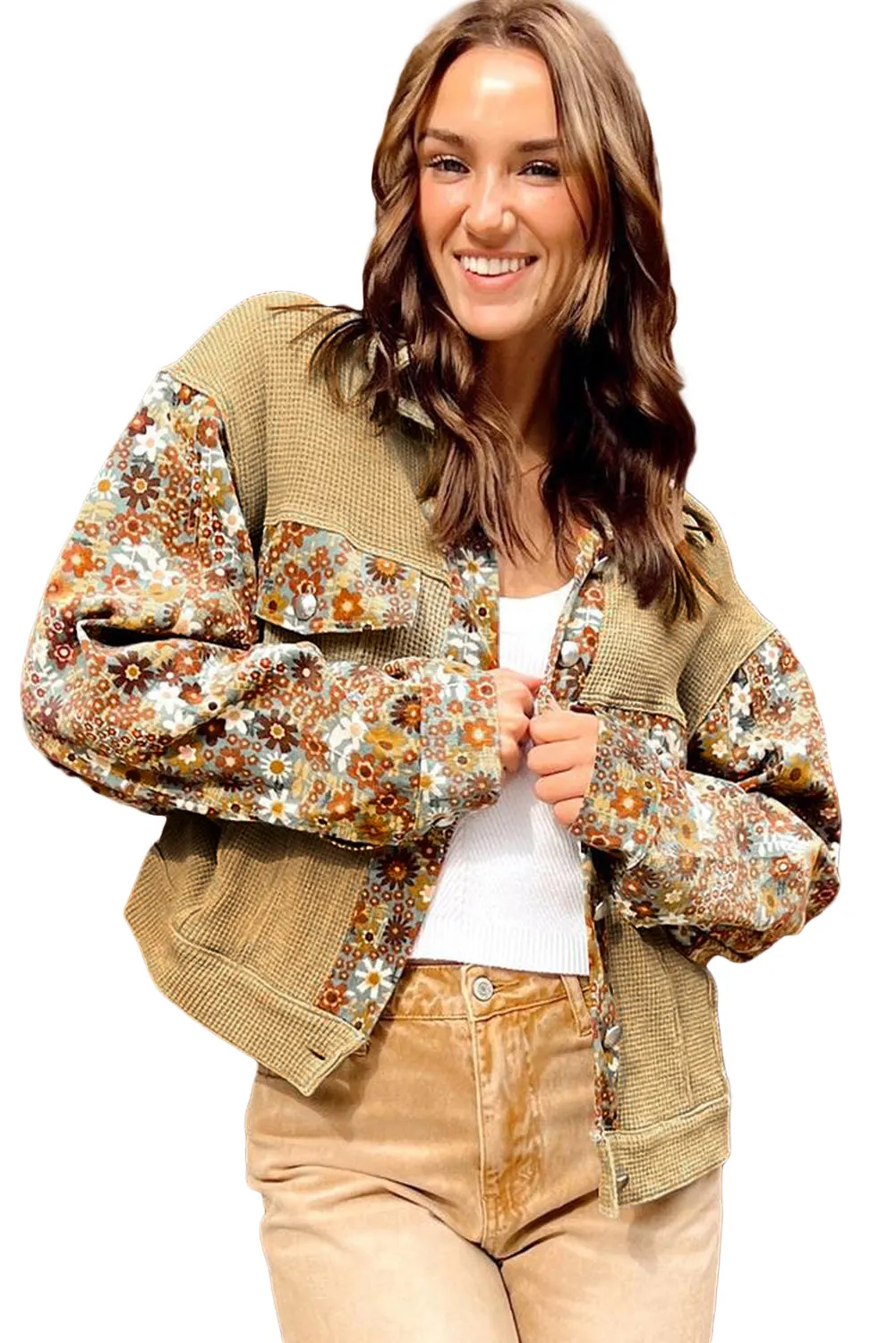 Khaki Waffle Knit Floral Print Patchwork Button Up Jacket 🖤 | Gothic Outlaws - Bold Comfort, No Apologies 💀