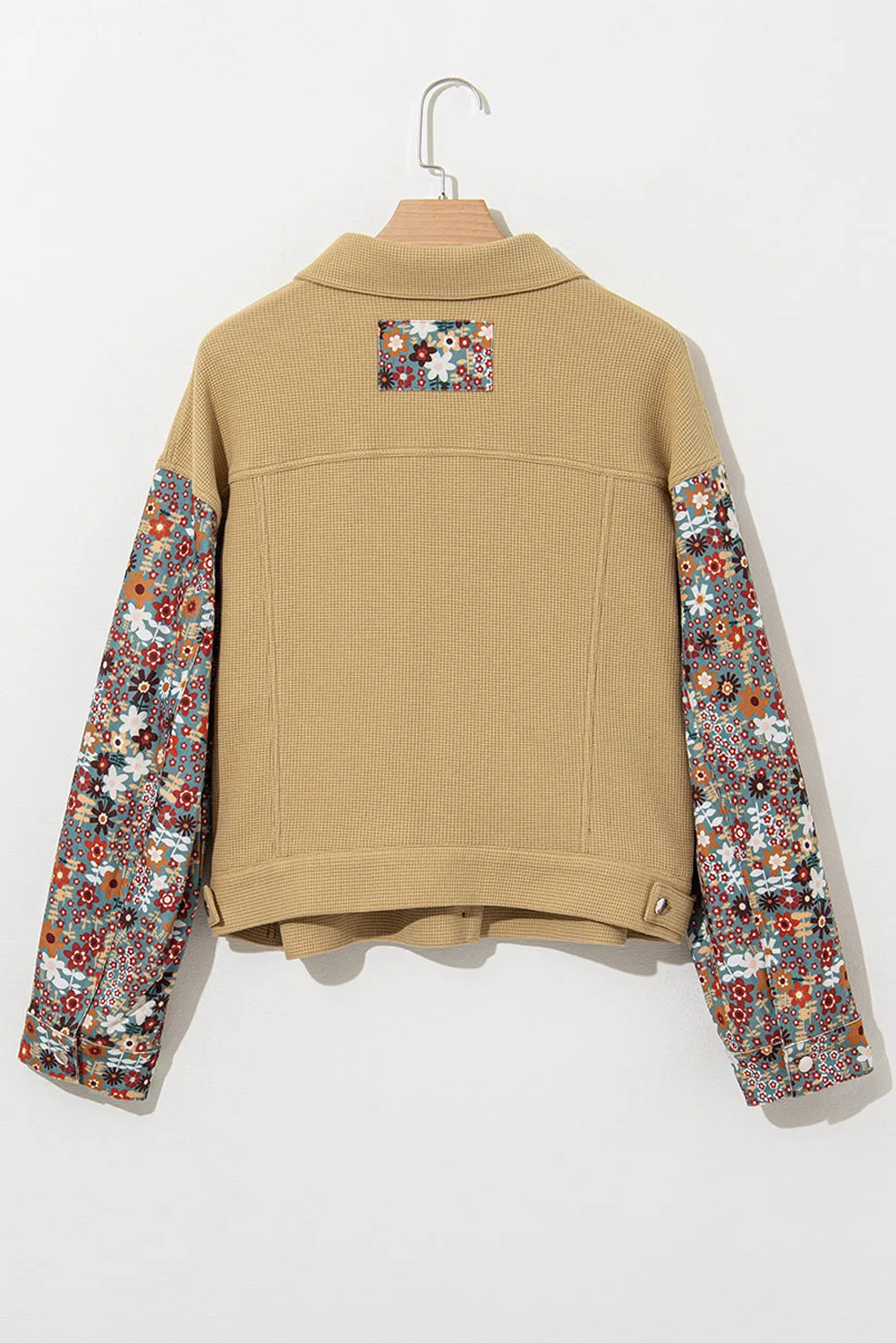 Khaki Waffle Knit Floral Print Patchwork Button Up Jacket 🖤 | Gothic Outlaws - Bold Comfort, No Apologies 💀