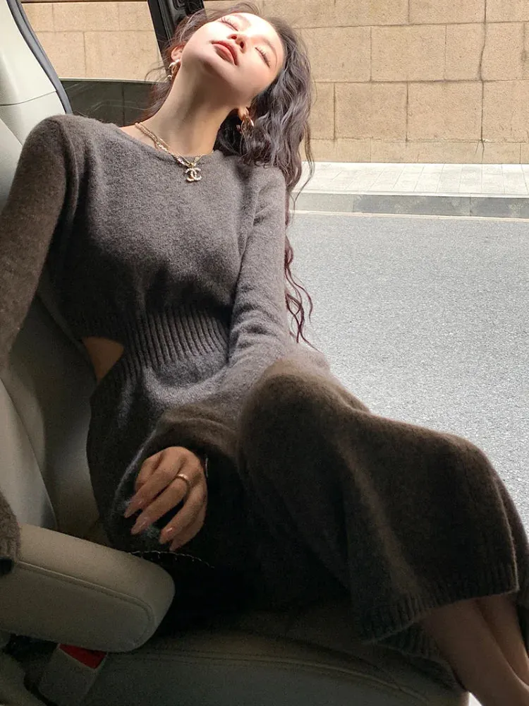 KIylethomasw Women Fashion Elegant Bodycon Knitted Sweater Dress Vintage Slim Casual Sexy Party One Pieces Vestidos Female Ribbed Chic Robe