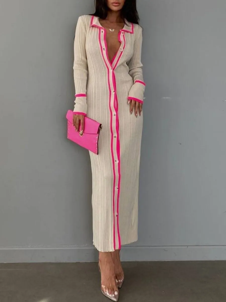 Knit Button Down Bodycon Sweater Dress Long Sleeve