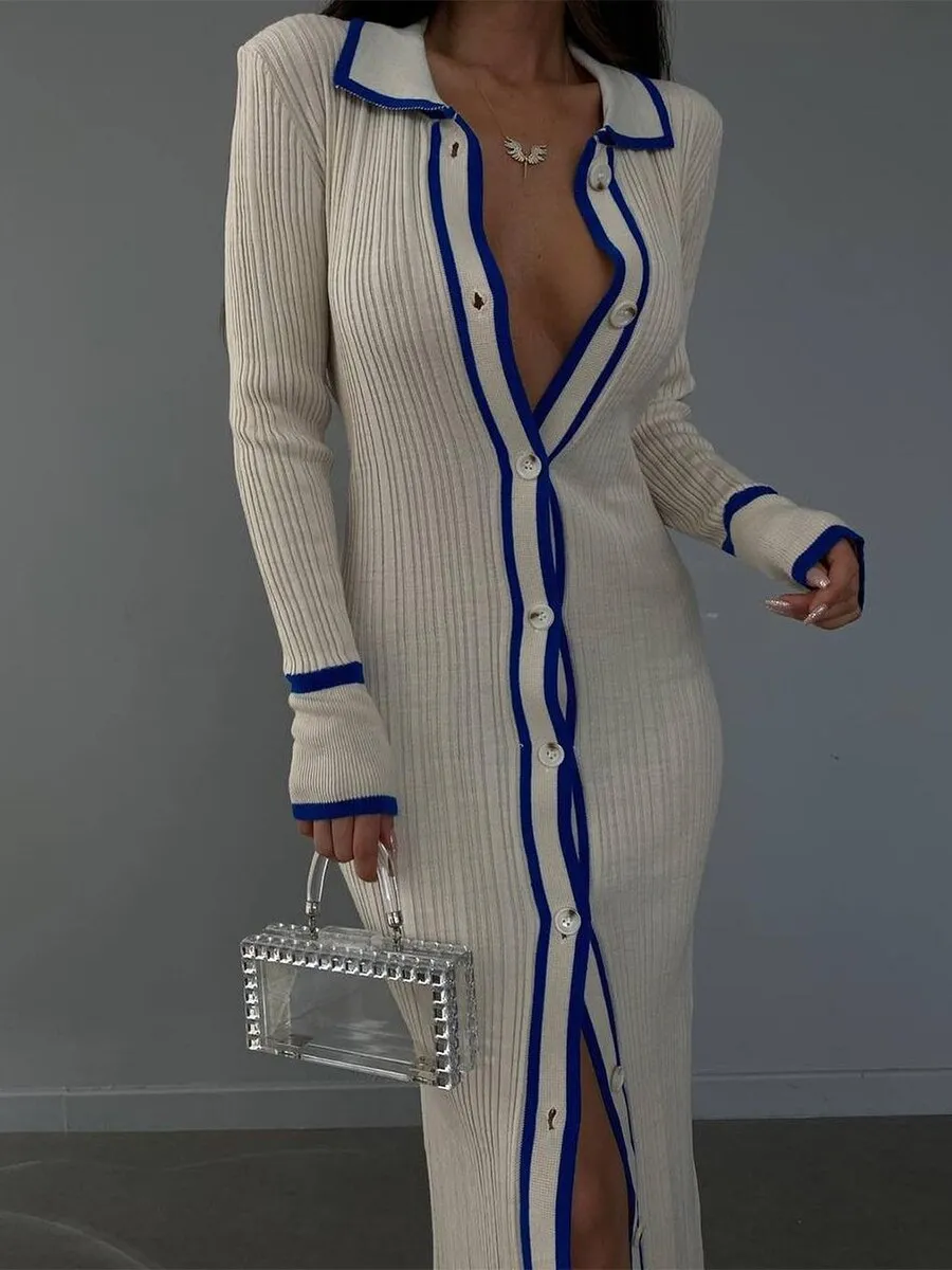 Knit Button Down Bodycon Sweater Dress Long Sleeve