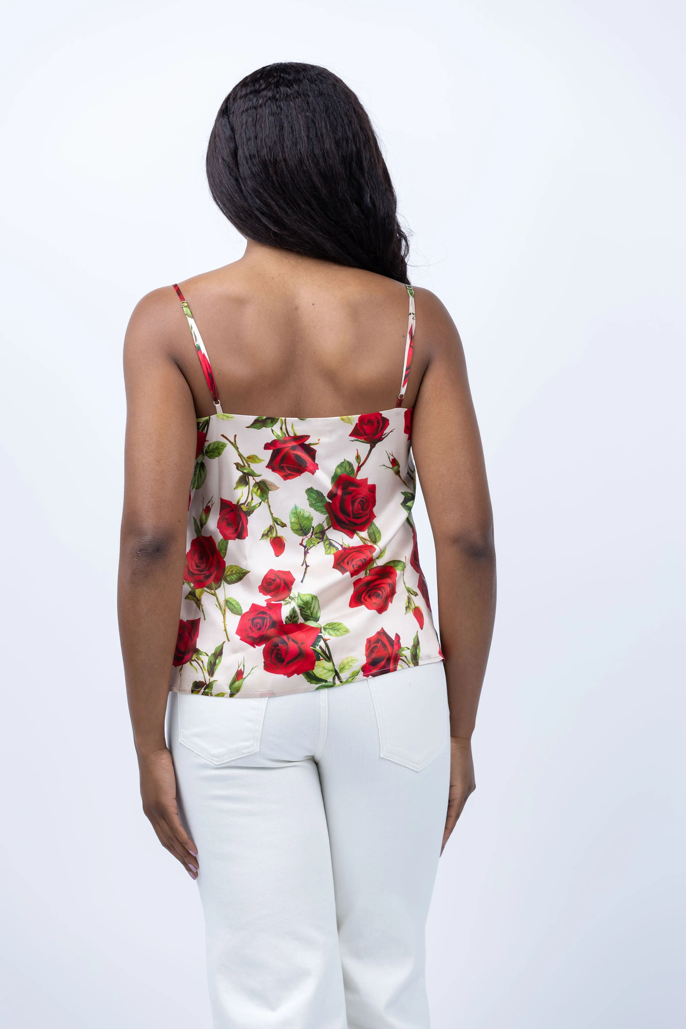 L'AGENCE Jane Spaghetti Strap Top in Sand/Red Romantic Rose