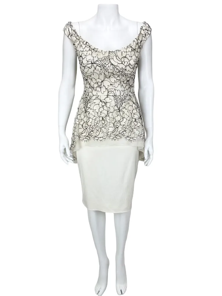 Lela Rose Women's Embroidered Lace Peplum Dress Ivory/Black, Size 6