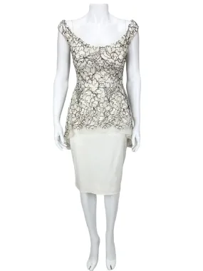 Lela Rose Women's Embroidered Lace Peplum Dress Ivory/Black, Size 6