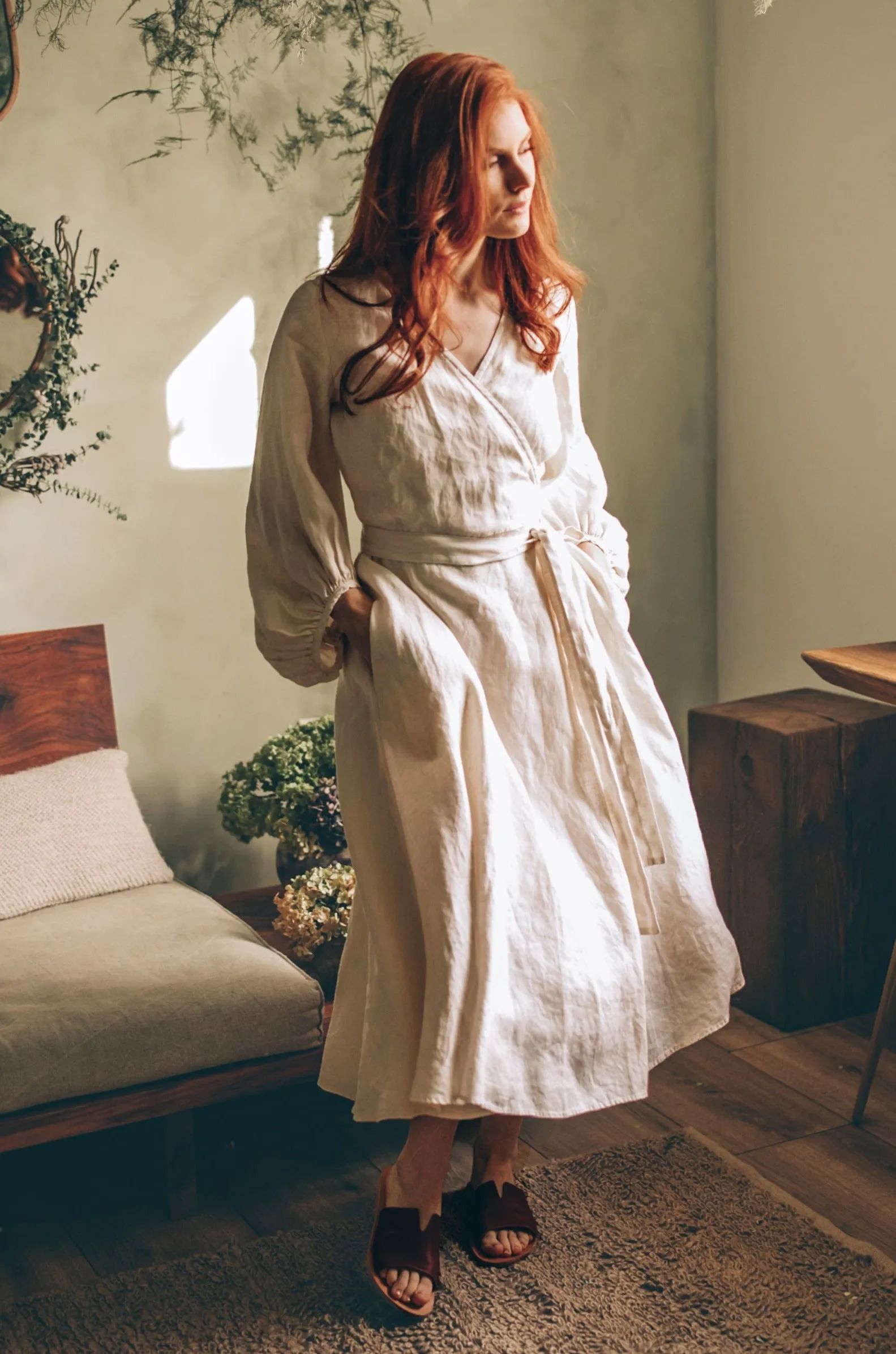 Linen Wrap Dress with Puff Sleeves