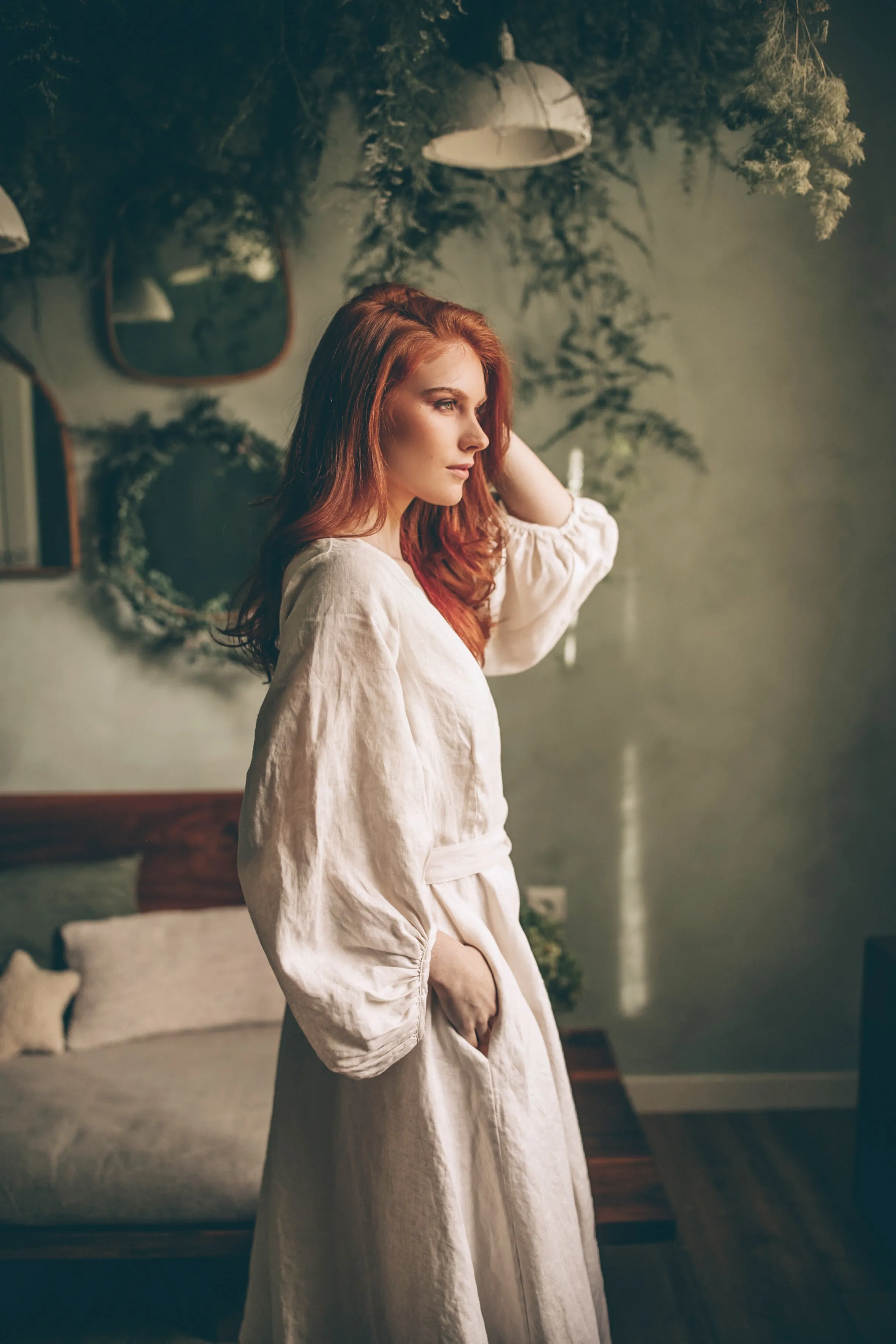 Linen Wrap Dress with Puff Sleeves