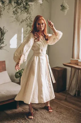 Linen Wrap Dress with Puff Sleeves