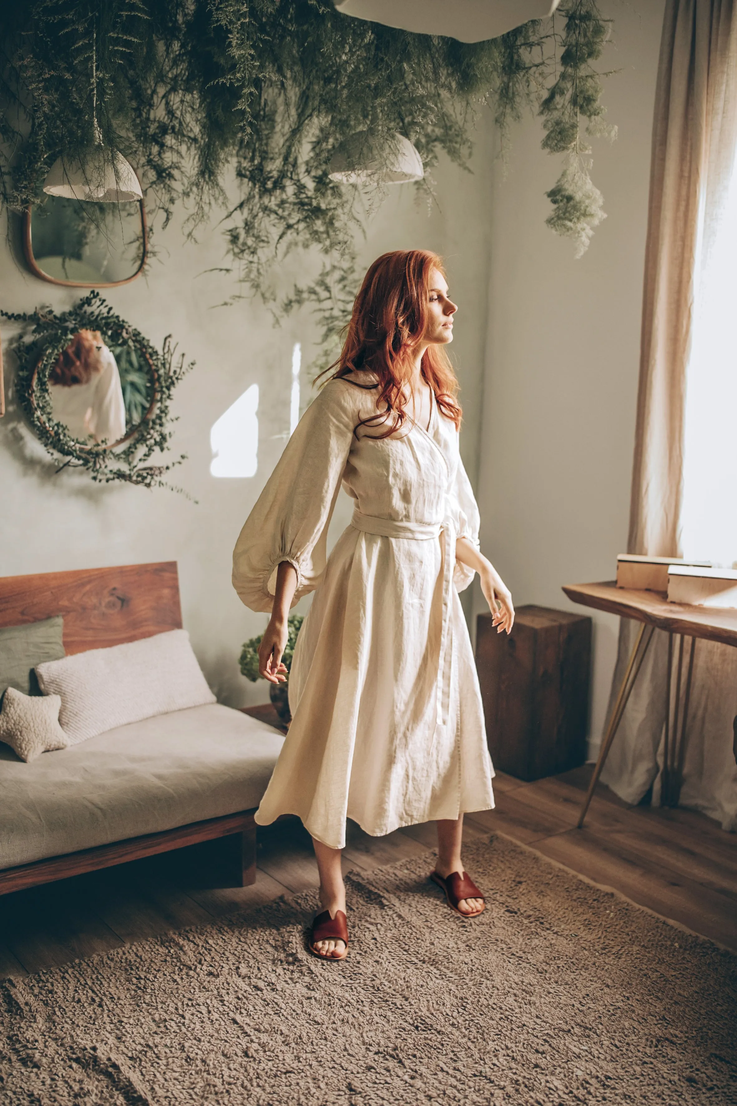 Linen Wrap Dress with Puff Sleeves