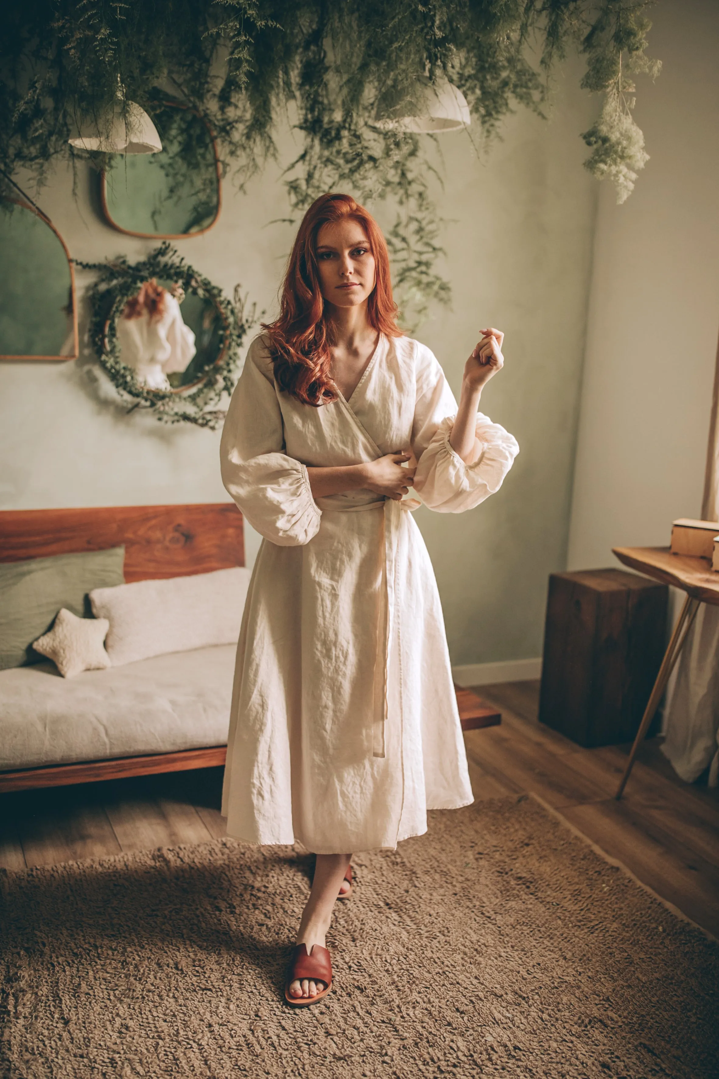 Linen Wrap Dress with Puff Sleeves