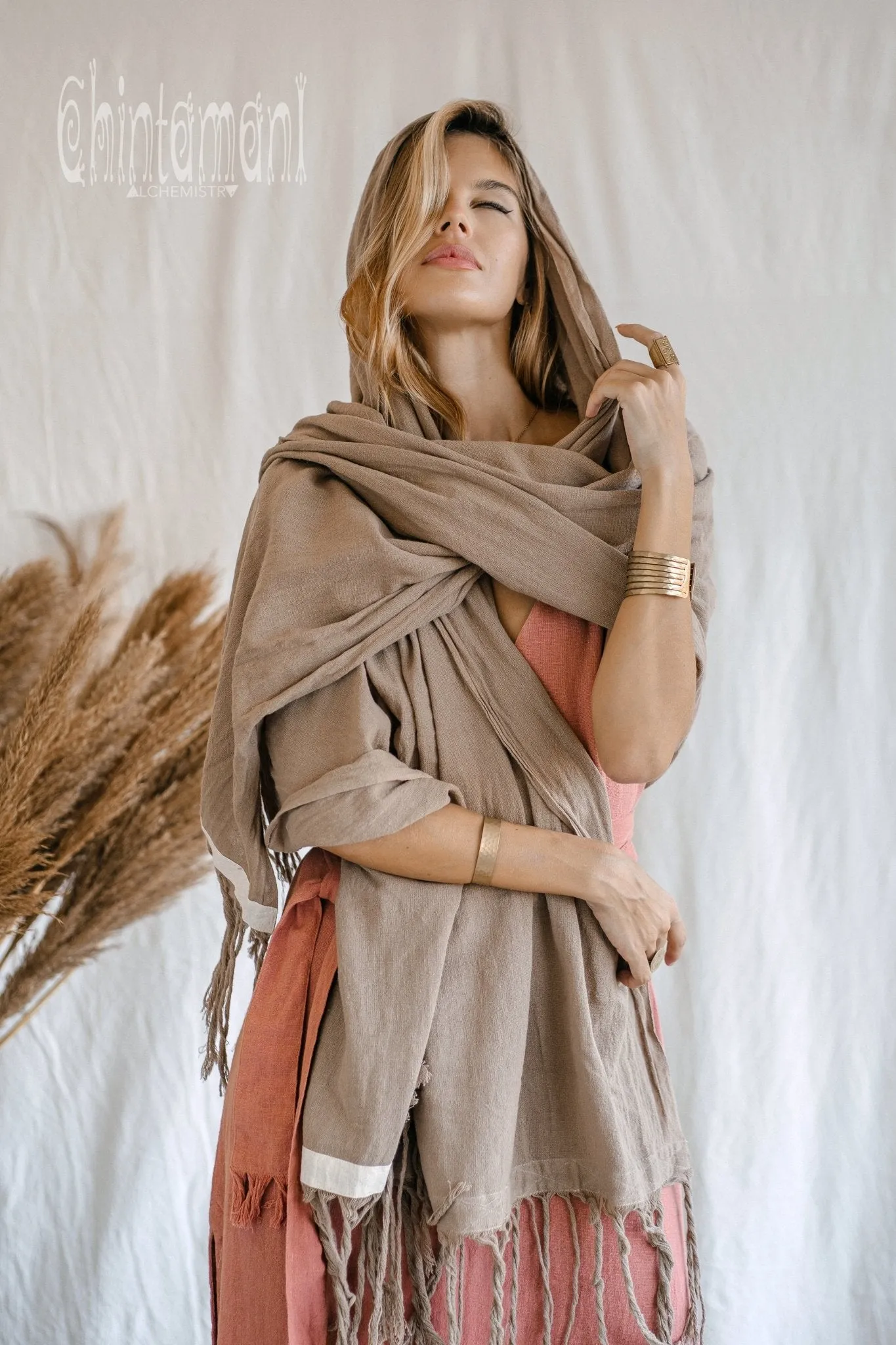 Long Fringe Boho Shawl / Bohemian Scarf Wrap / Coffee