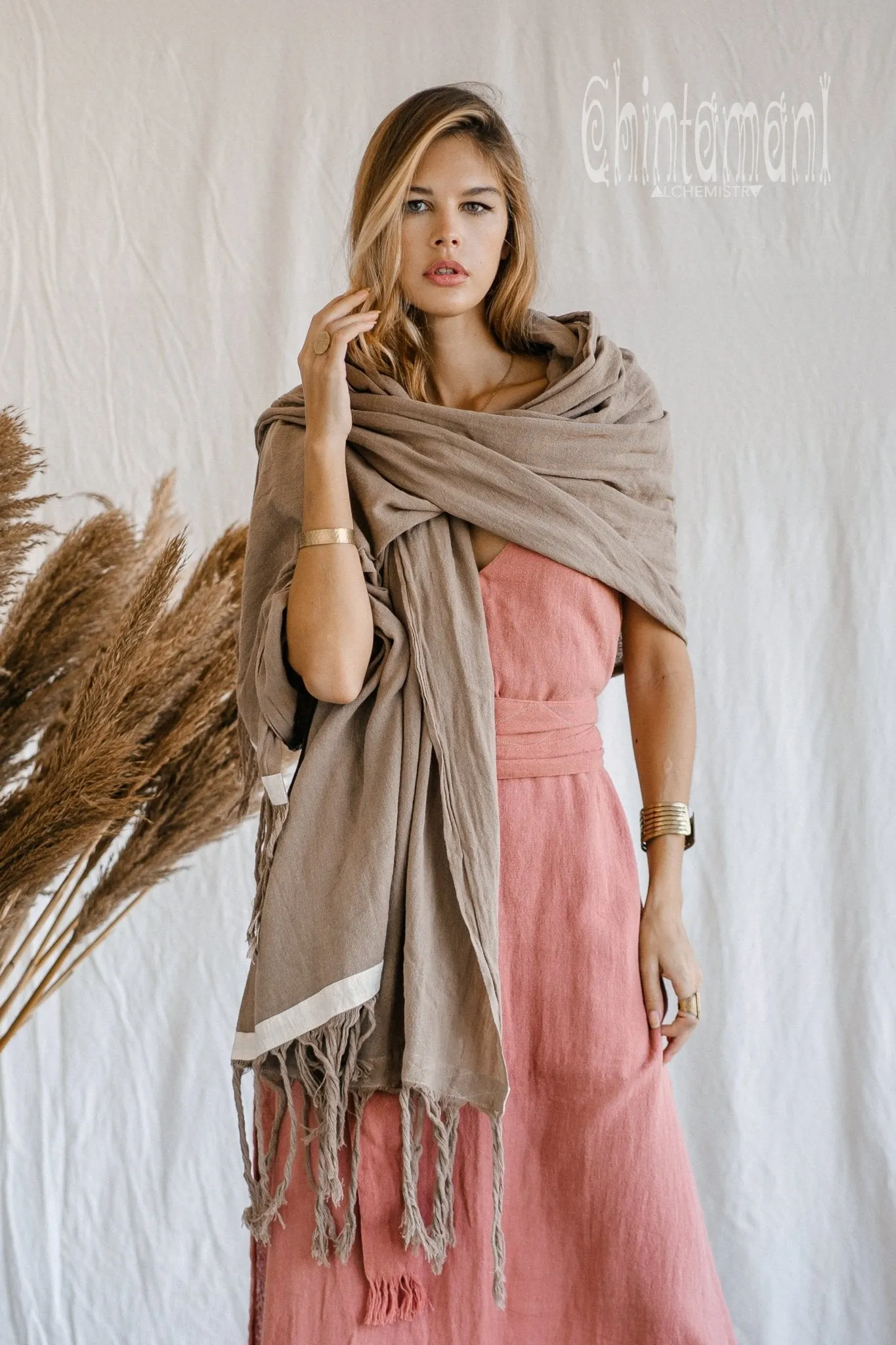 Long Fringe Boho Shawl / Bohemian Scarf Wrap / Coffee