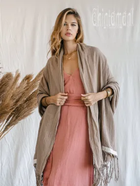 Long Fringe Boho Shawl / Bohemian Scarf Wrap / Coffee