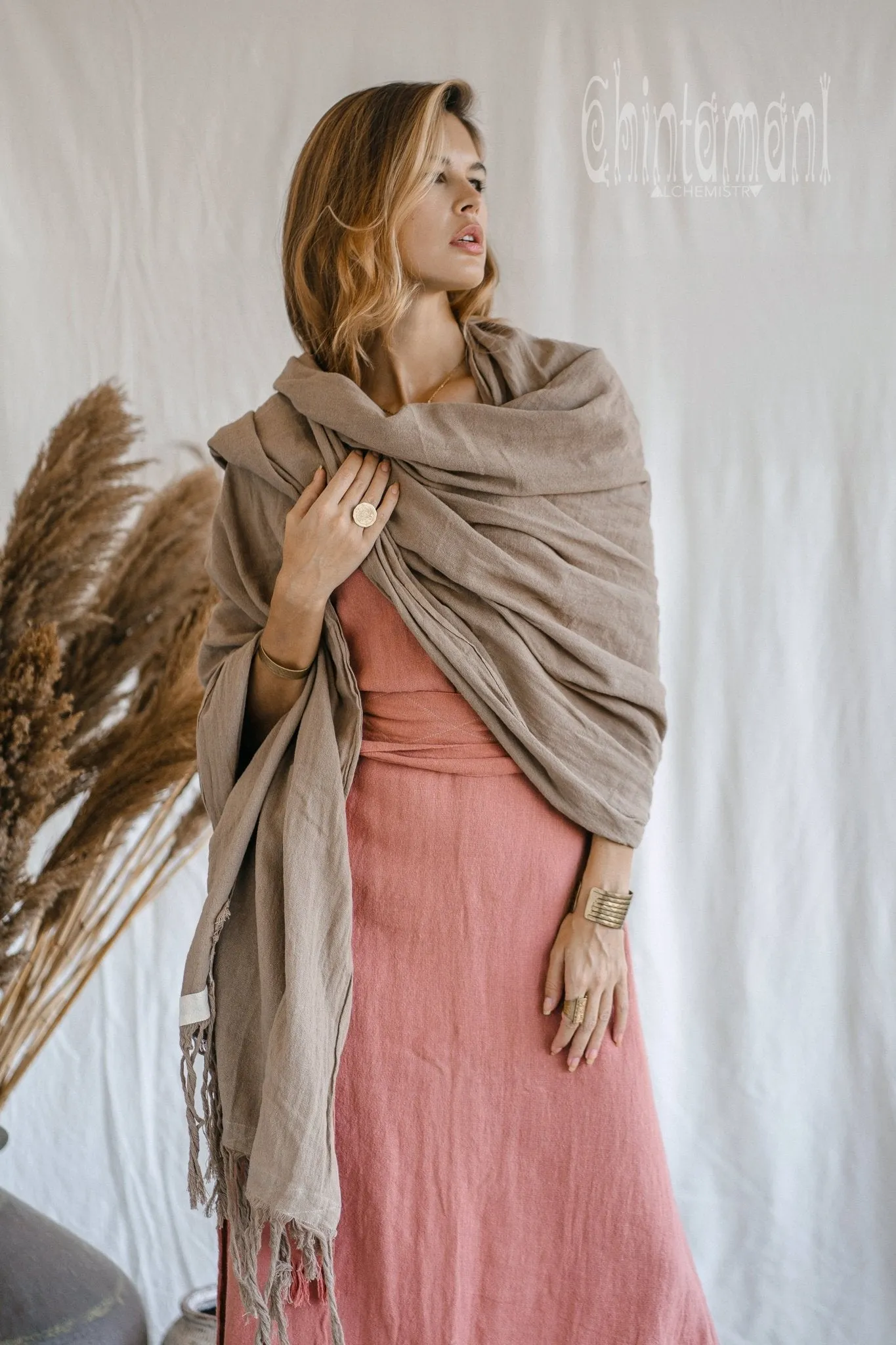Long Fringe Boho Shawl / Bohemian Scarf Wrap / Coffee