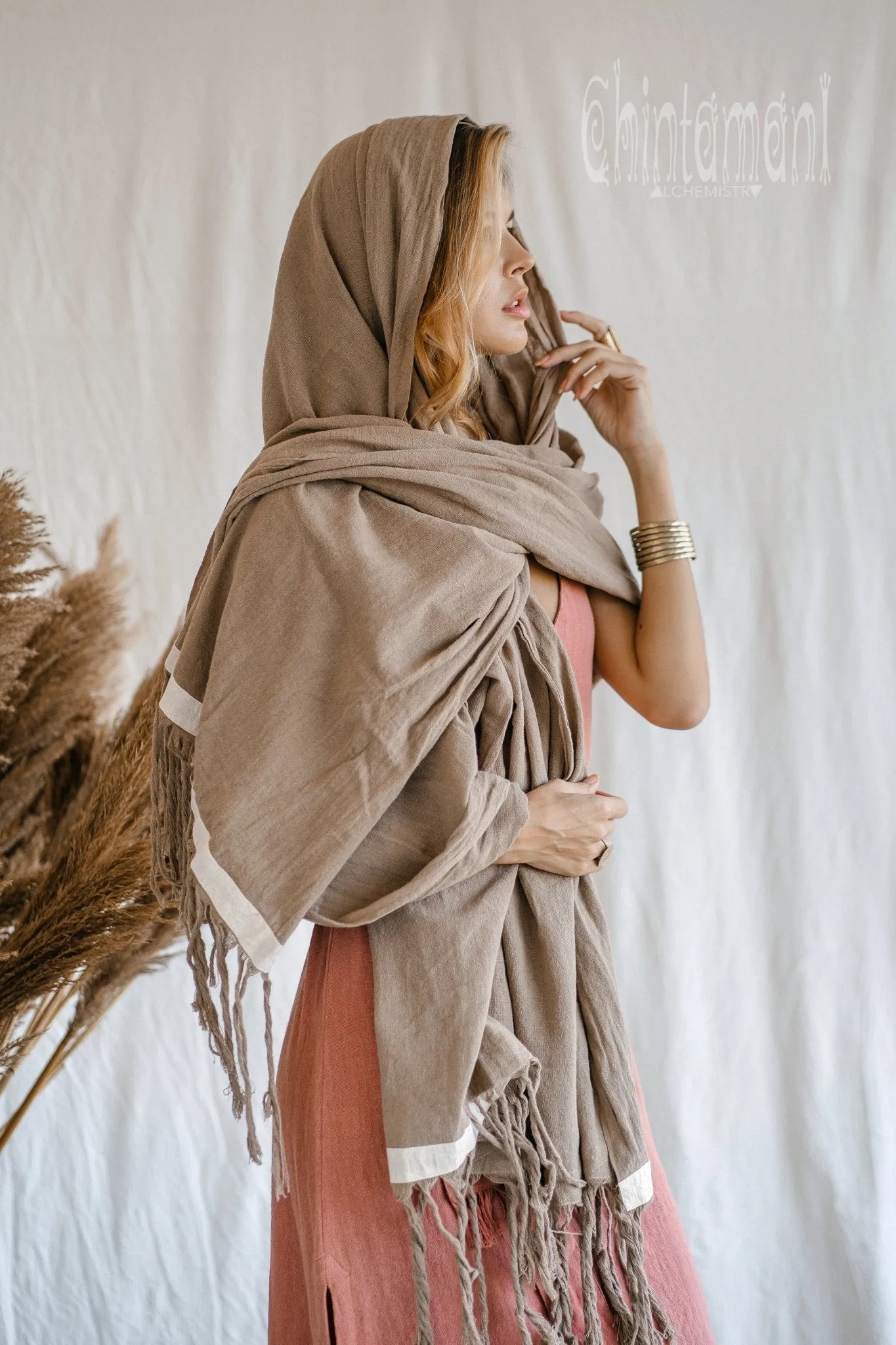 Long Fringe Boho Shawl / Bohemian Scarf Wrap / Coffee