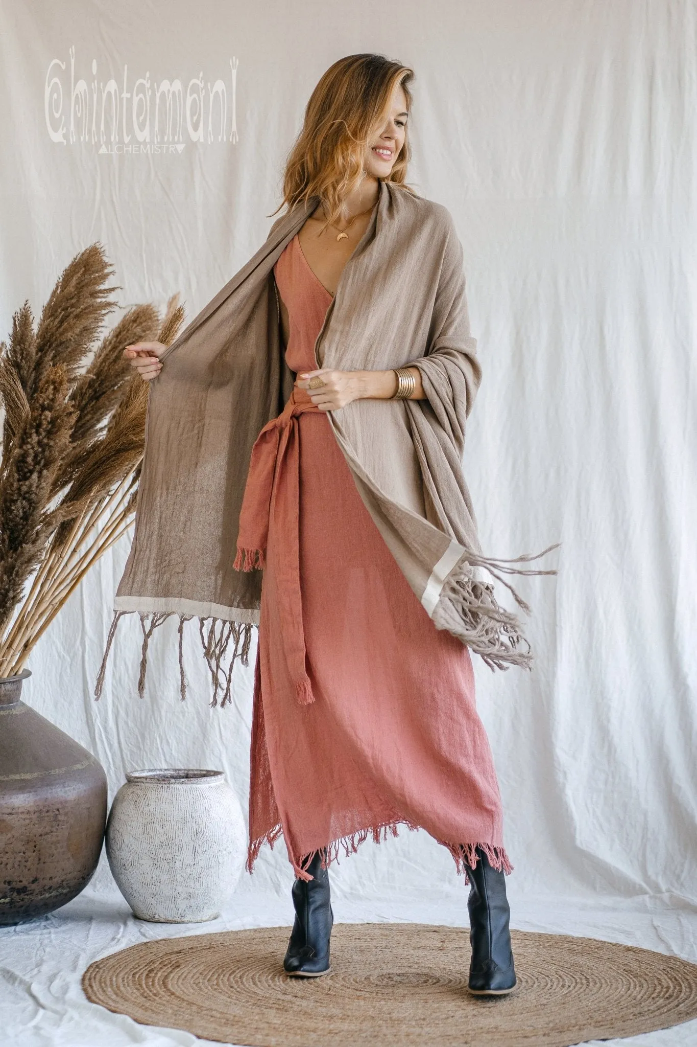 Long Fringe Boho Shawl / Bohemian Scarf Wrap / Coffee