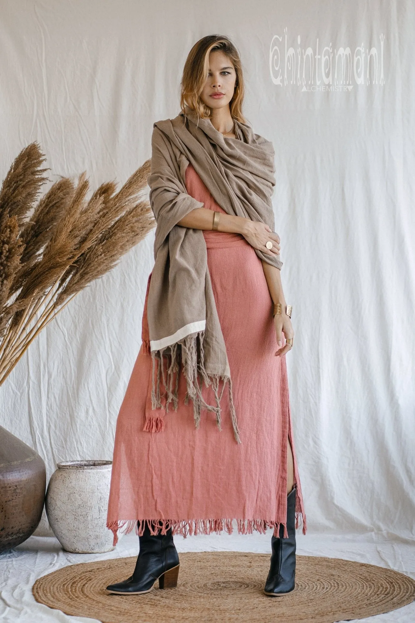 Long Fringe Boho Shawl / Bohemian Scarf Wrap / Coffee