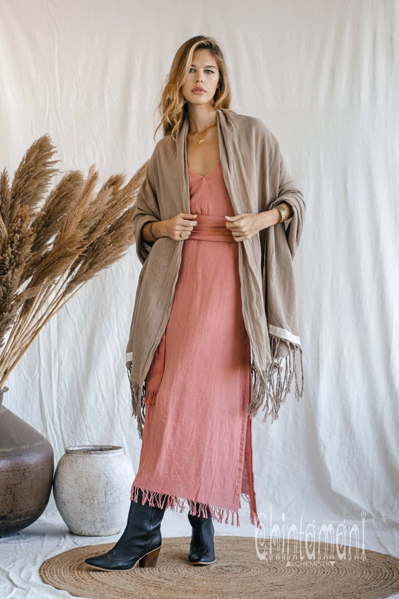 Long Fringe Boho Shawl / Bohemian Scarf Wrap / Coffee