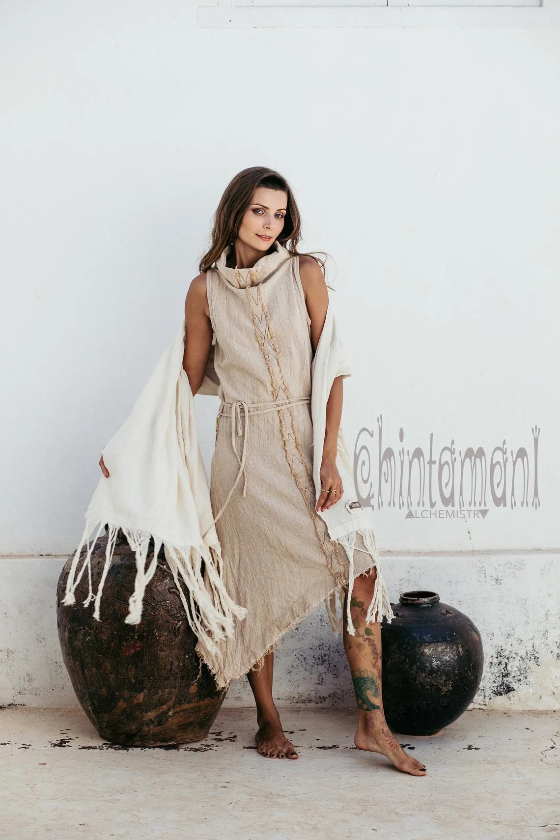 Long Fringe Boho Shawl / Bohemian Scarf Wrap / Off White