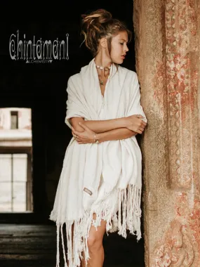 Long Fringe Boho Shawl / Bohemian Scarf Wrap / Off White
