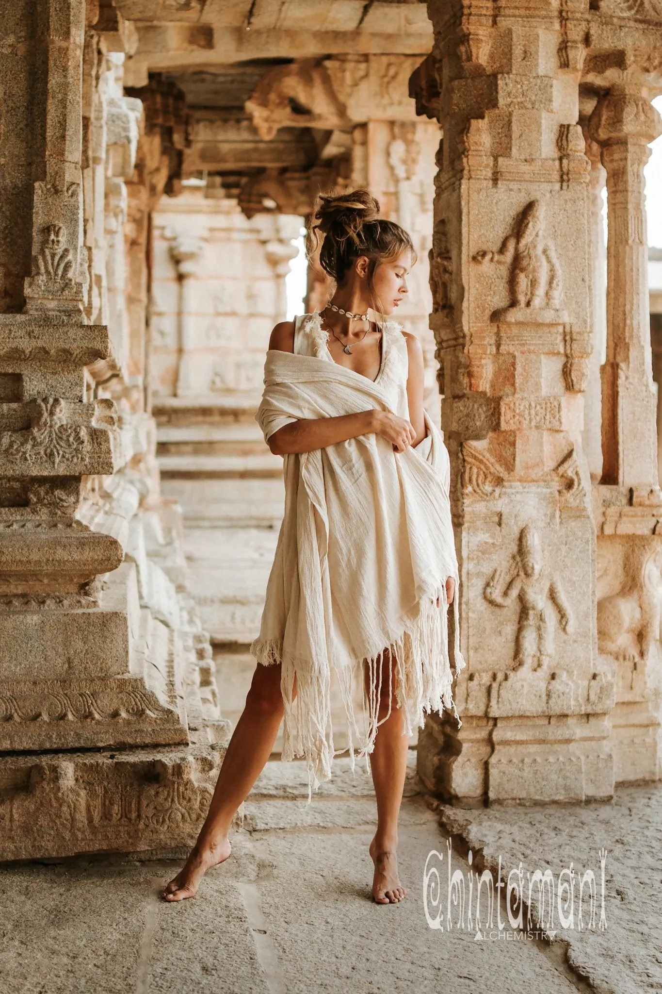 Long Fringe Boho Shawl / Bohemian Scarf Wrap / Off White