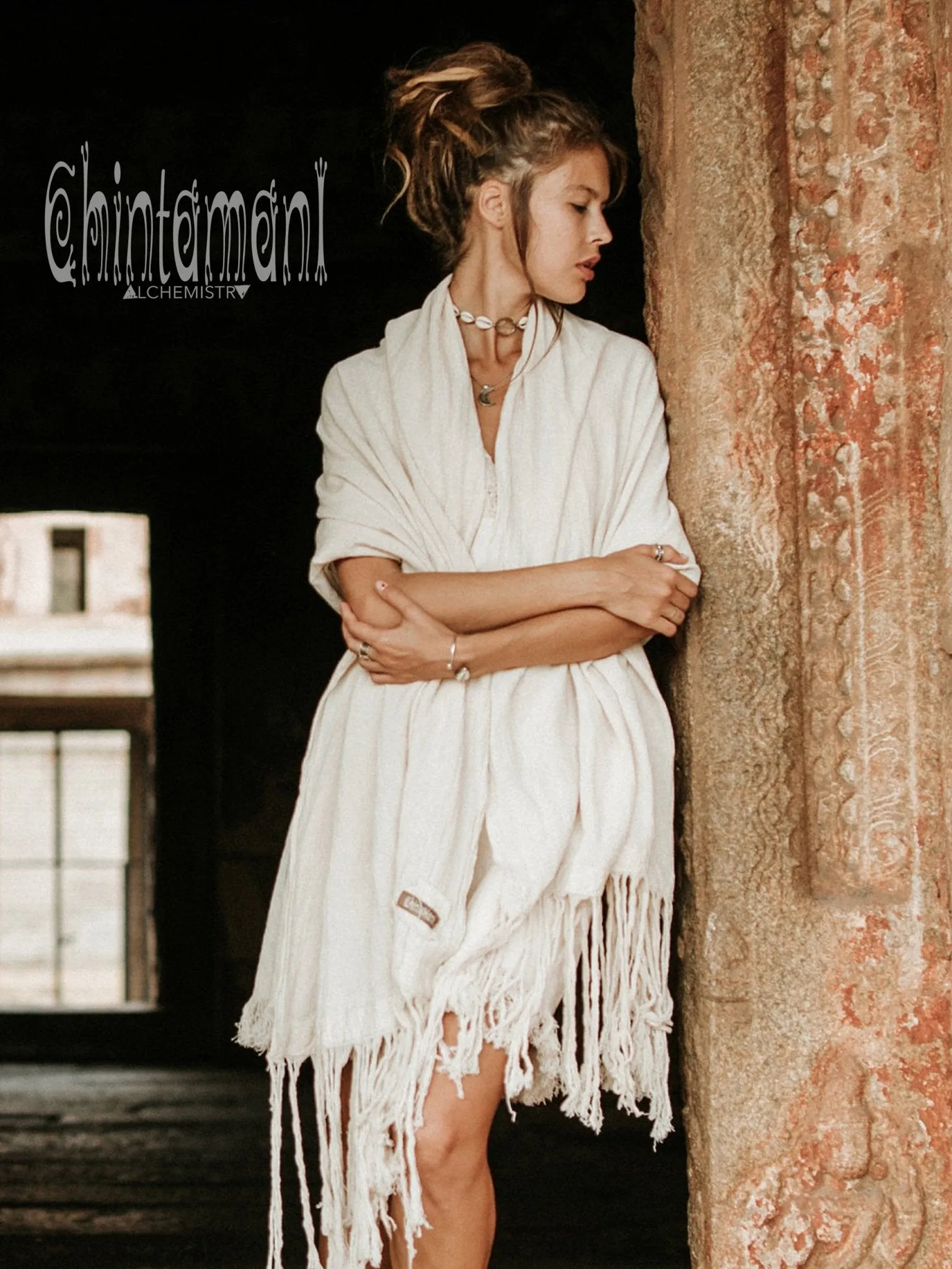 Long Fringe Boho Shawl / Bohemian Scarf Wrap / Off White