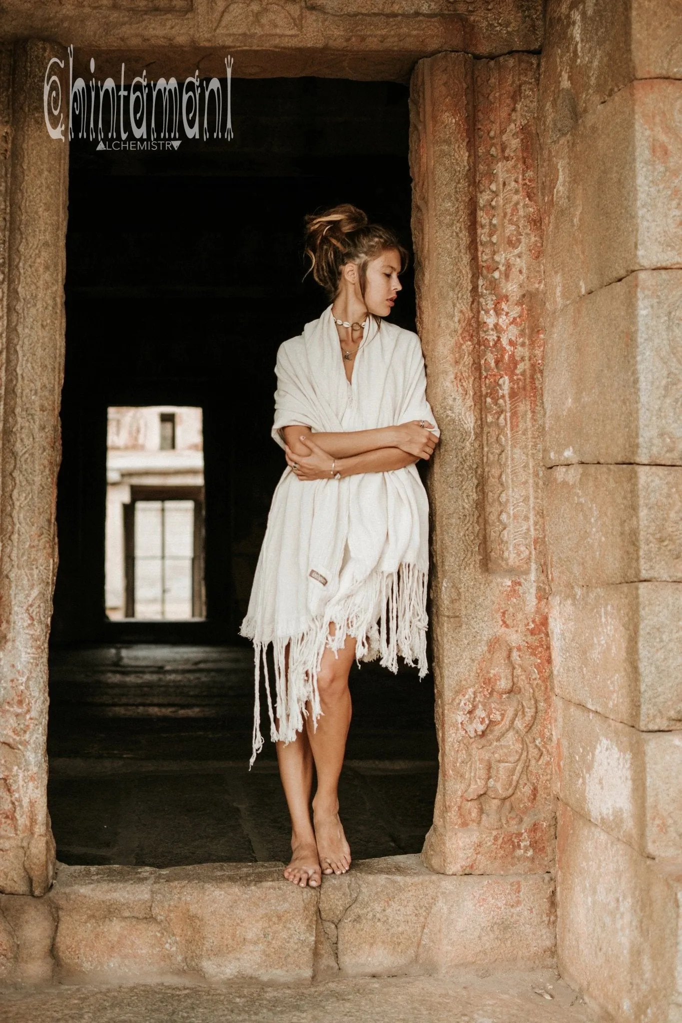 Long Fringe Boho Shawl / Bohemian Scarf Wrap / Off White