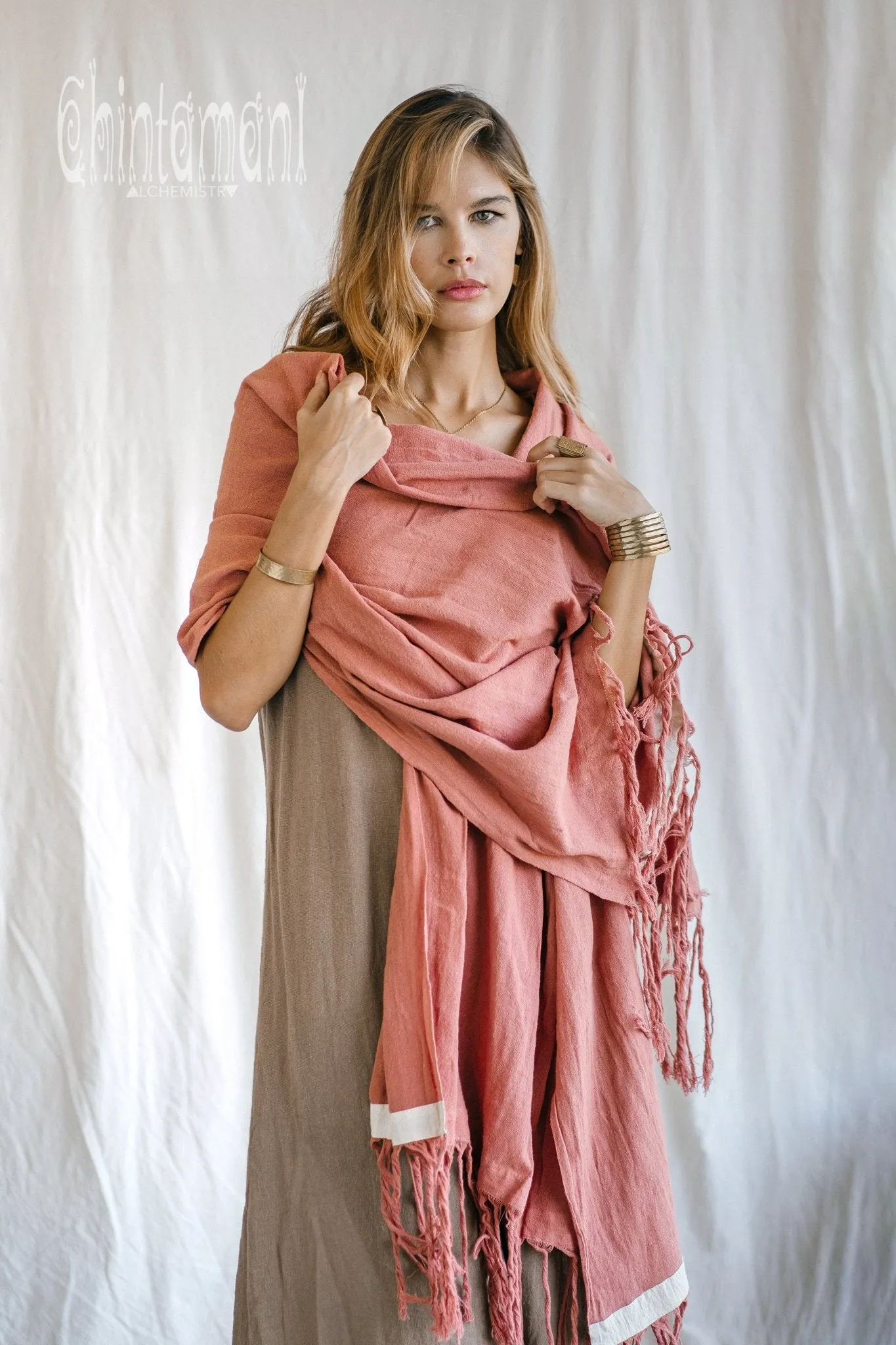 Long Fringe Boho Shawl / Bohemian Scarf Wrap / Soft Pink