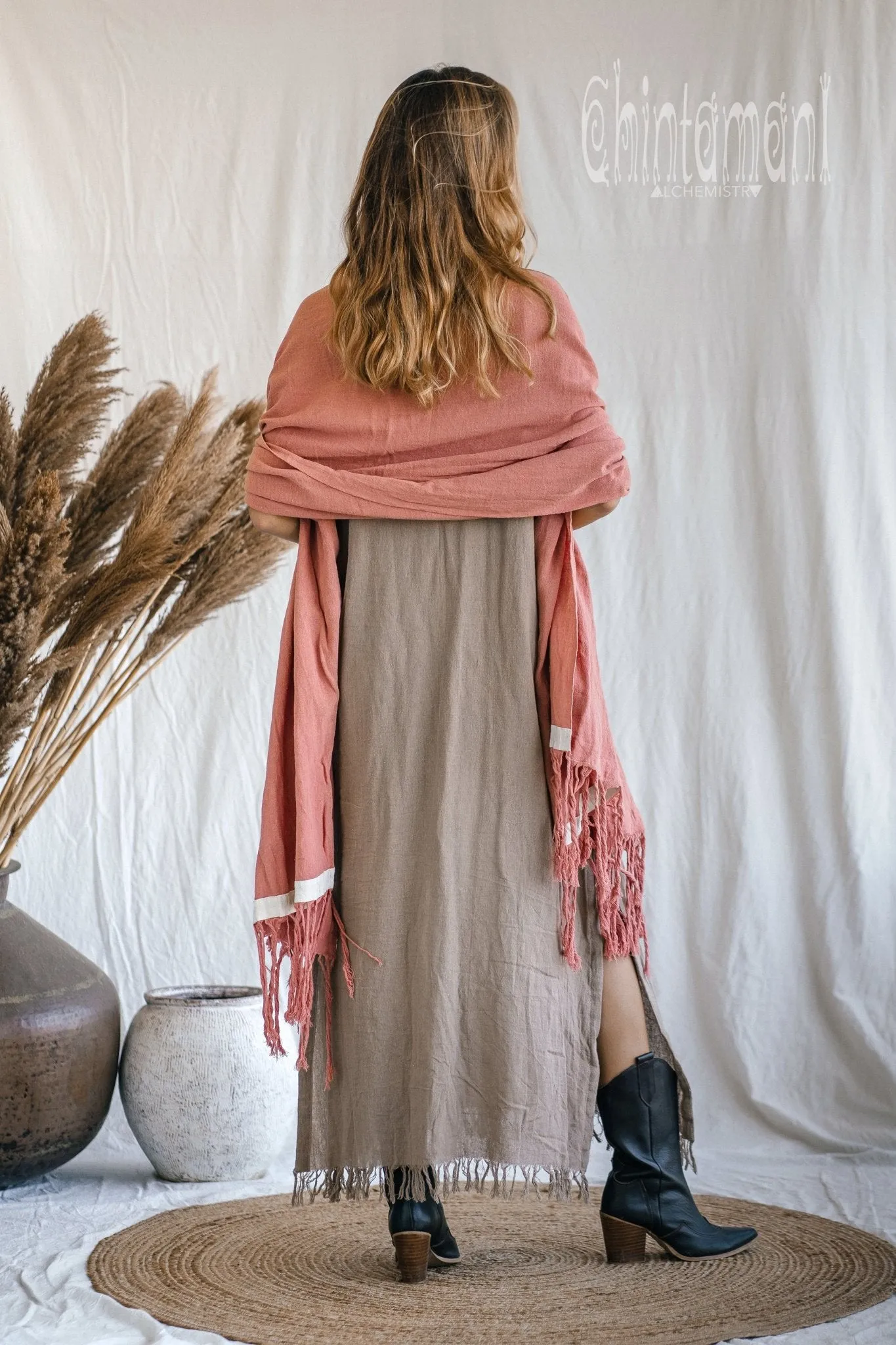 Long Fringe Boho Shawl / Bohemian Scarf Wrap / Soft Pink