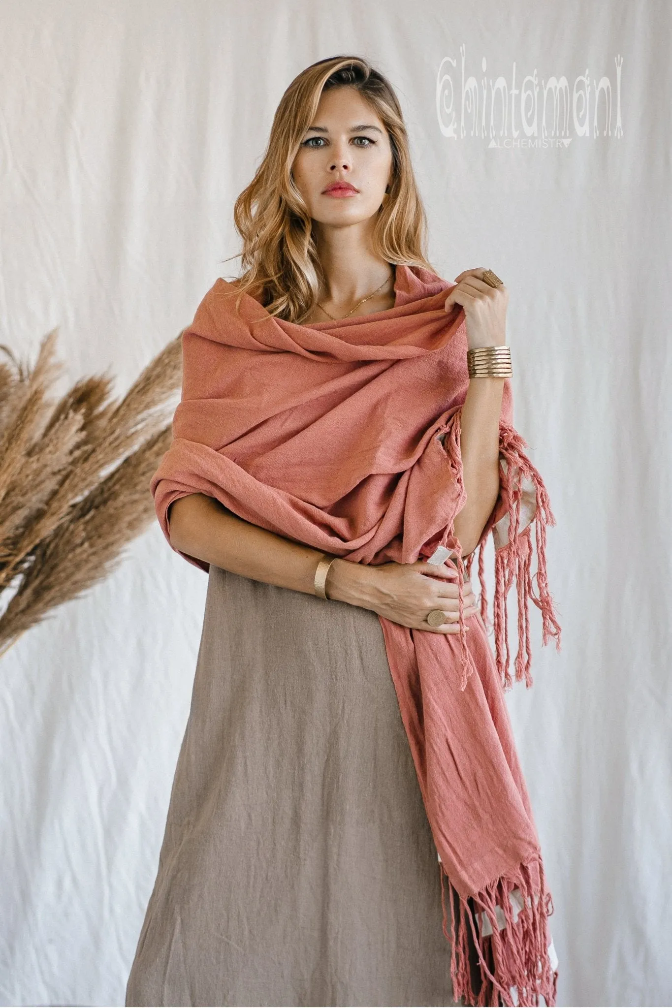 Long Fringe Boho Shawl / Bohemian Scarf Wrap / Soft Pink