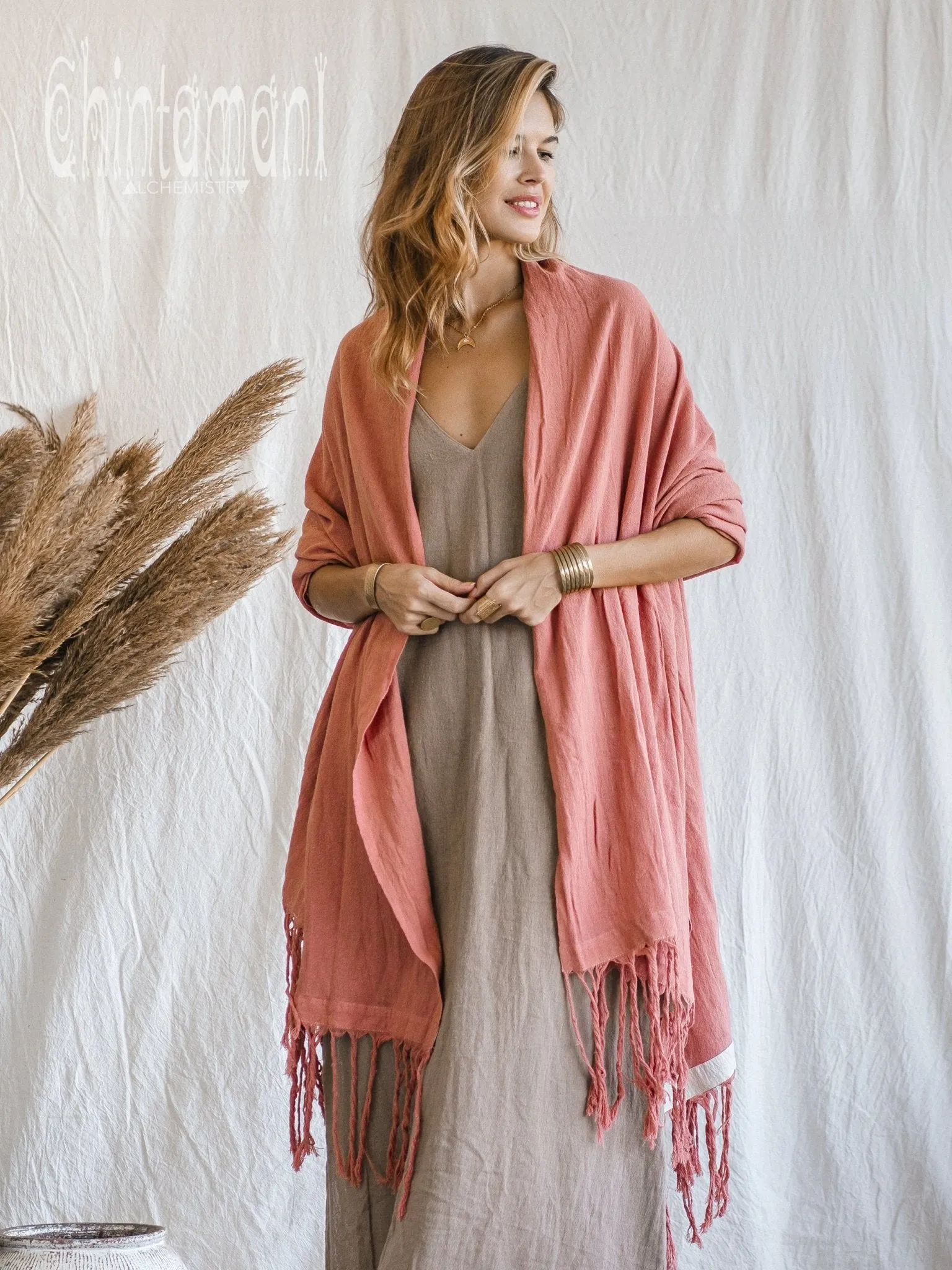 Long Fringe Boho Shawl / Bohemian Scarf Wrap / Soft Pink