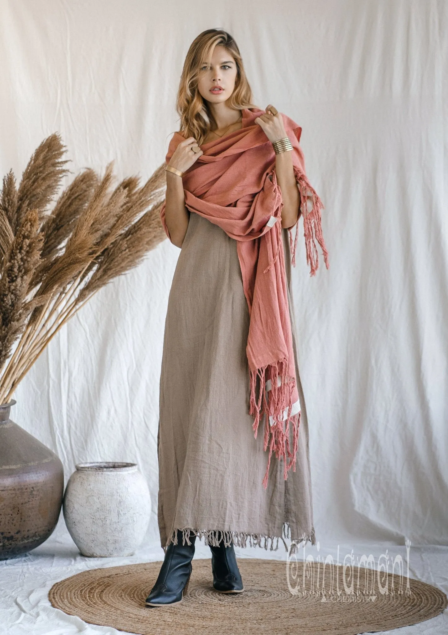 Long Fringe Boho Shawl / Bohemian Scarf Wrap / Soft Pink