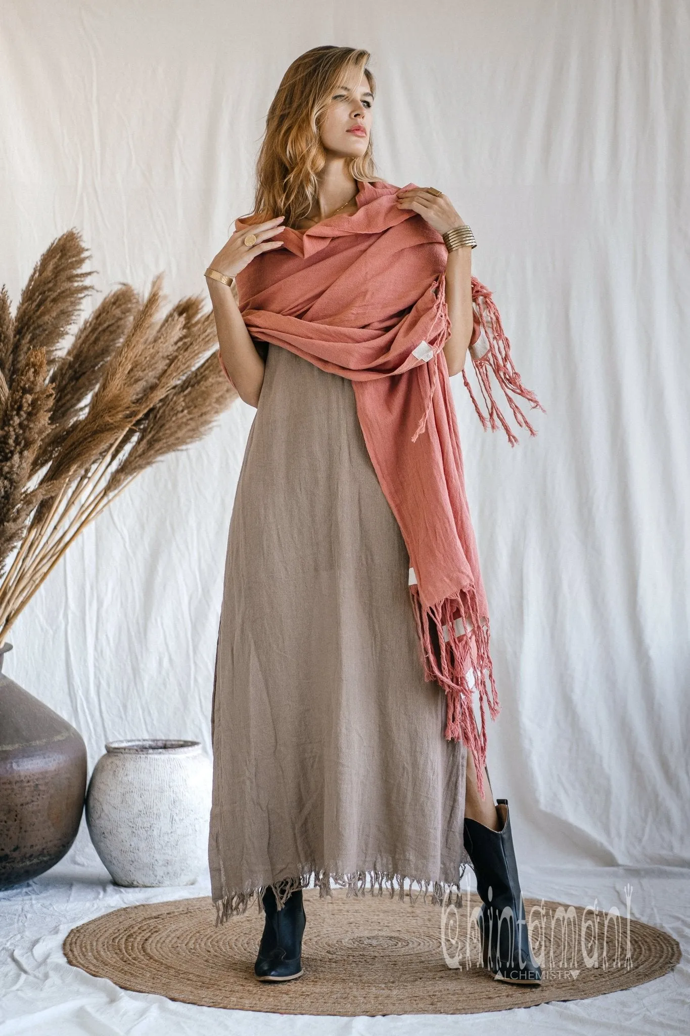Long Fringe Boho Shawl / Bohemian Scarf Wrap / Soft Pink