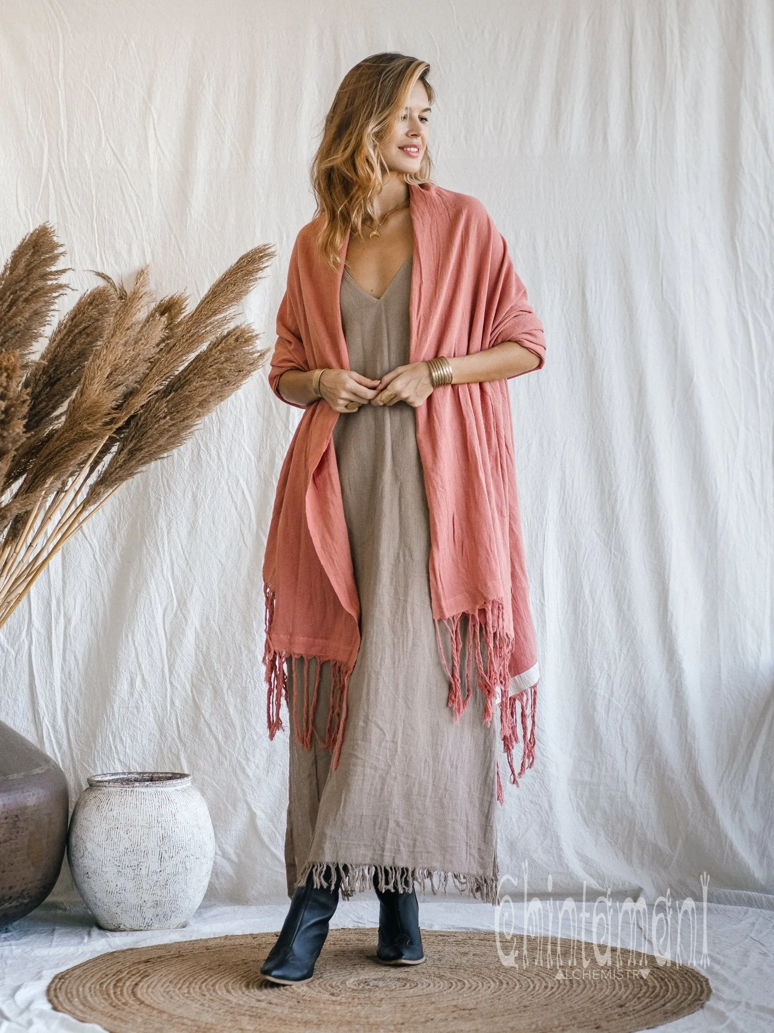Long Fringe Boho Shawl / Bohemian Scarf Wrap / Soft Pink