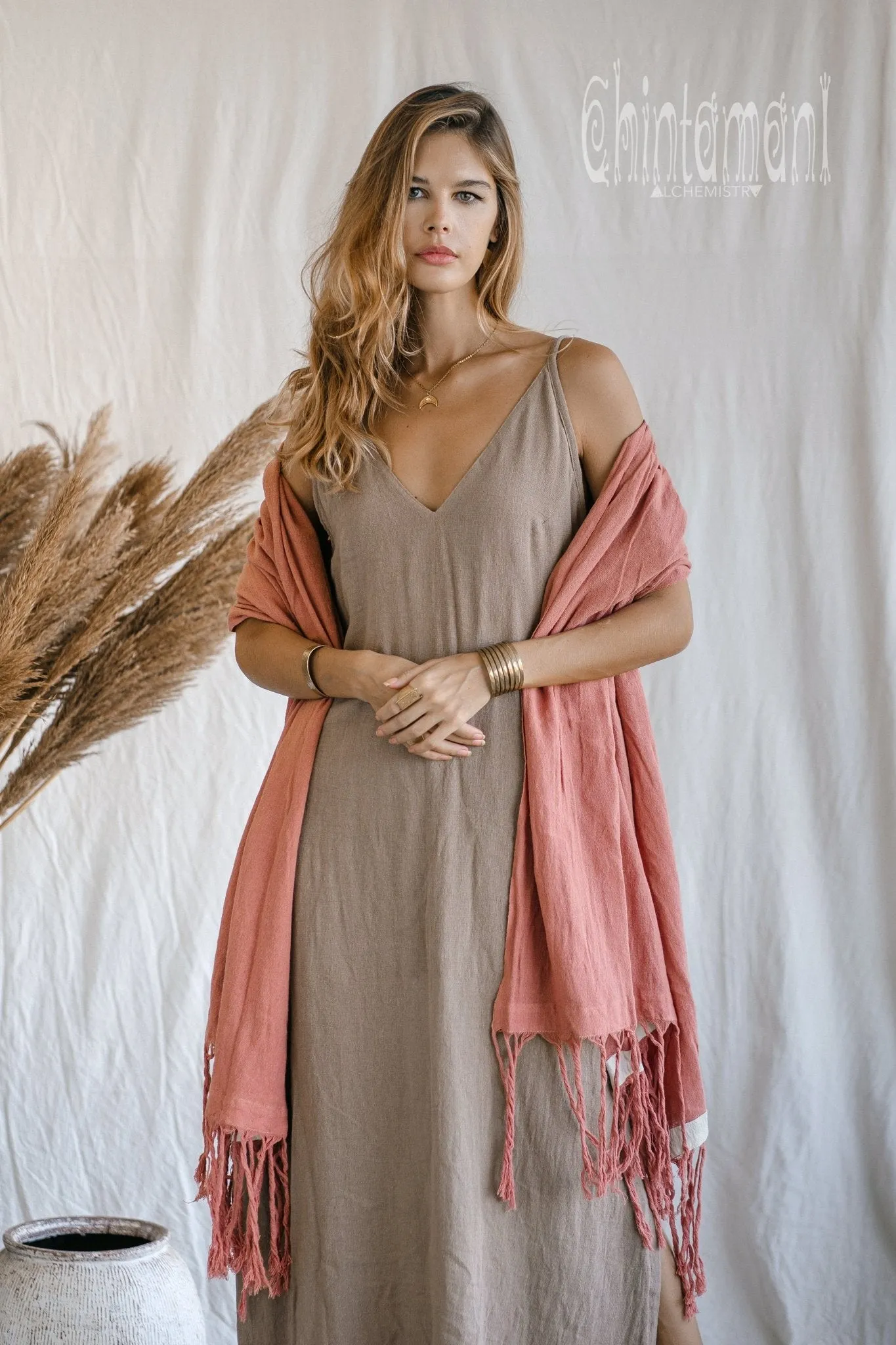 Long Fringe Boho Shawl / Bohemian Scarf Wrap / Soft Pink
