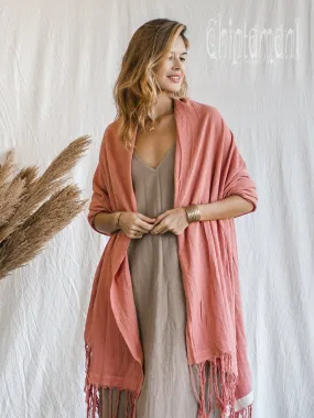 Long Fringe Boho Shawl / Bohemian Scarf Wrap / Soft Pink