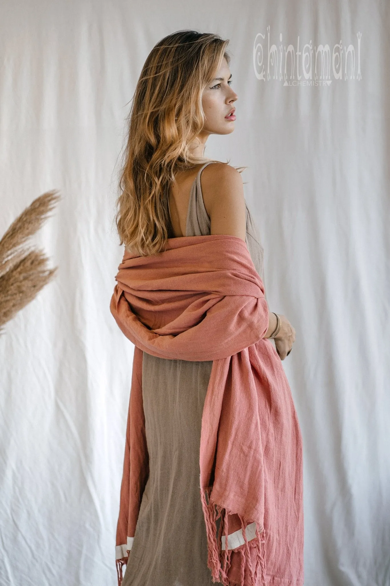 Long Fringe Boho Shawl / Bohemian Scarf Wrap / Soft Pink