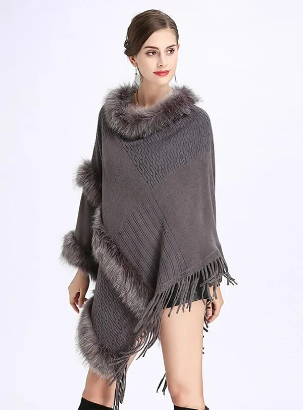 LOOSE ROUND NECK FRINGED PULLOVER SWEATER CAPE SHAWL