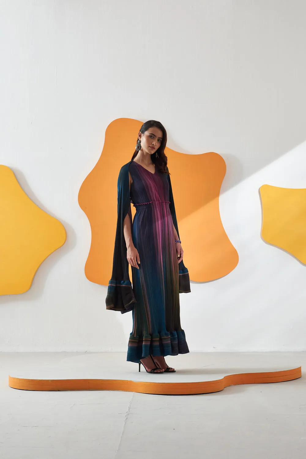 Luna Gradient Lines Print Dress With Cape
